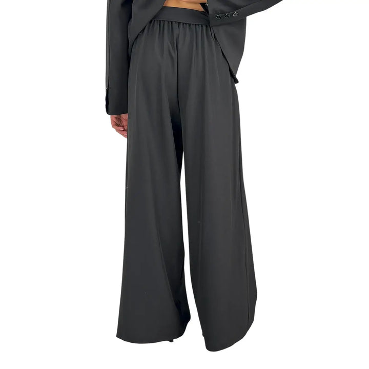 Bassini Pantaloni Donna Palazzo Nero Oversize in Tessuto Morbido Effetto Raso con Cintura a Fiocco