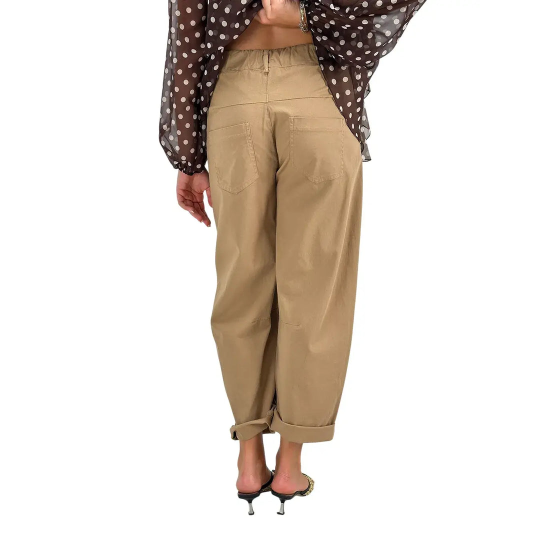 Motel Pantaloni Donna Avena Barrel Fit in Cotone con Risvolto sul Fondo
