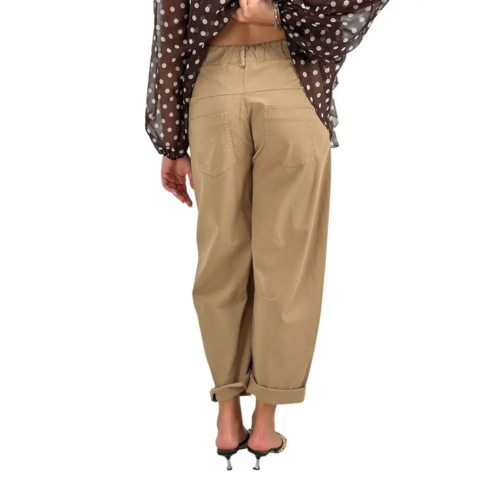 Motel Pantaloni Donna Avena Barrel Fit in Cotone con Risvolto sul Fondo
