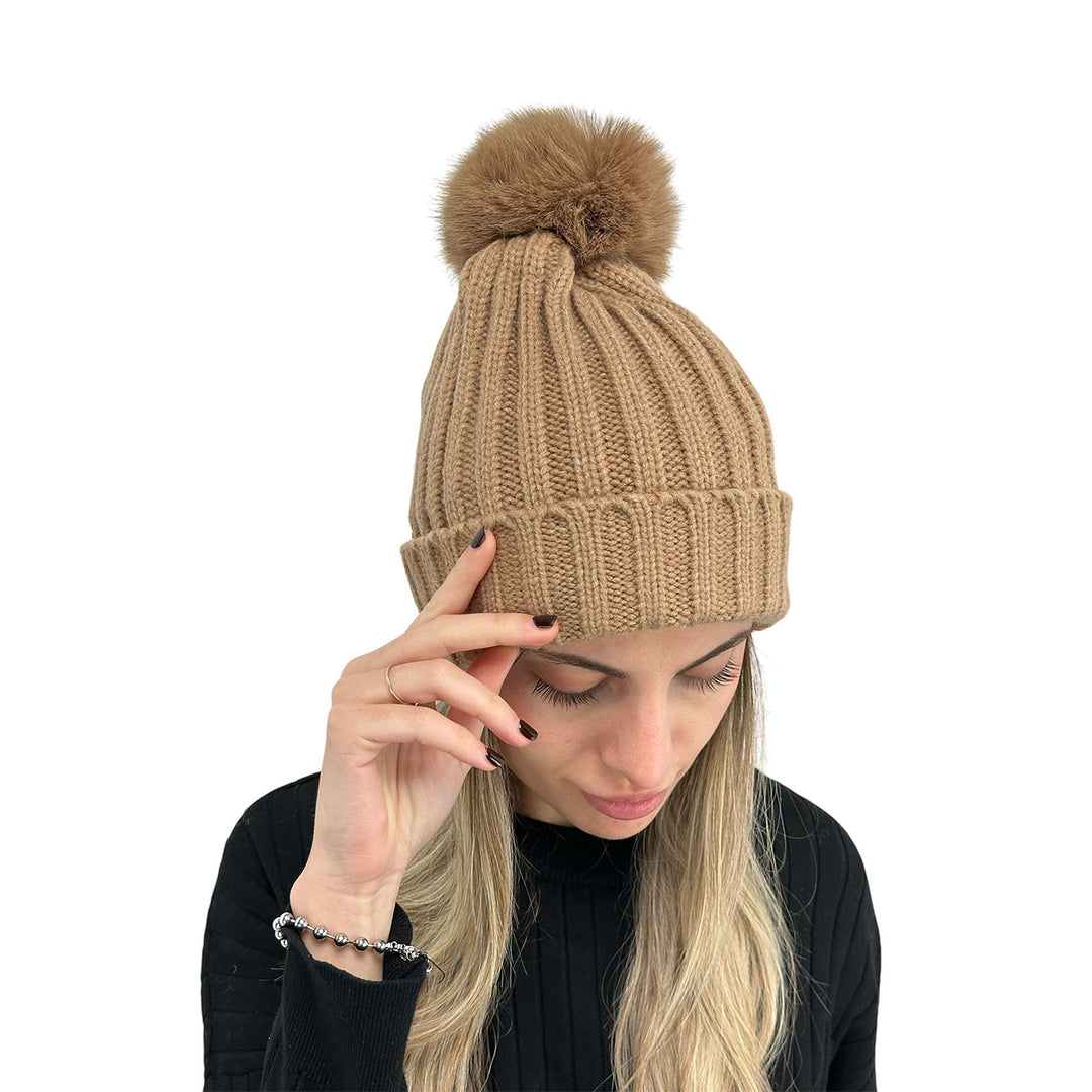 Bassini Cappello Donna, Cuffia, Pompon, Tricot, Beige