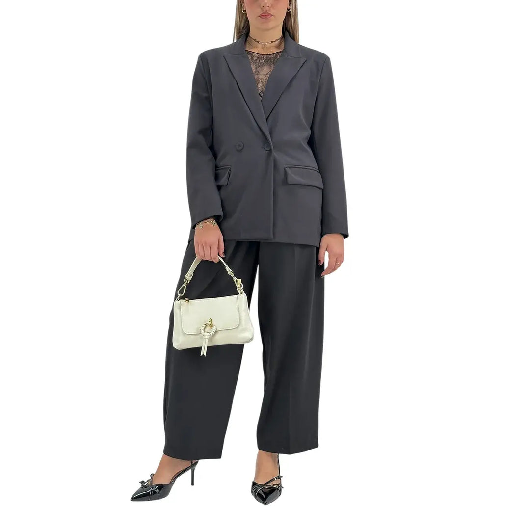 Bassini Pantaloni Donna Neri Sartoriali a Gamba Larga con Doppia Pince e Tasche a Filo