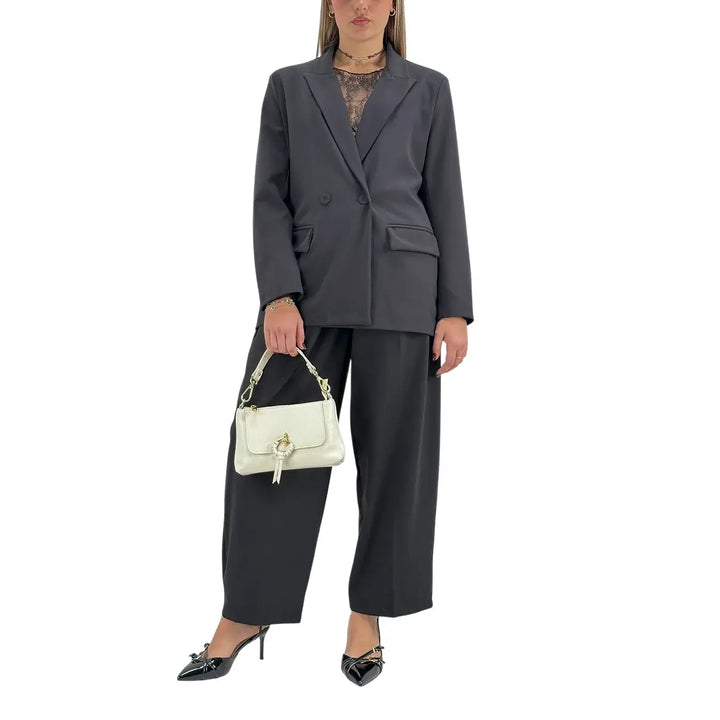 Bassini Pantaloni Donna Neri Sartoriali a Gamba Larga con Doppia Pince e Tasche a Filo