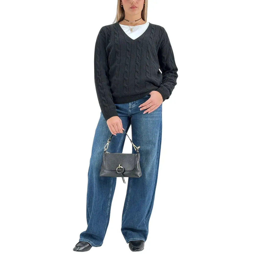 Bassini Maglia Donna Nera a Treccia con Scollo a V e Maniche Raglan Oversize