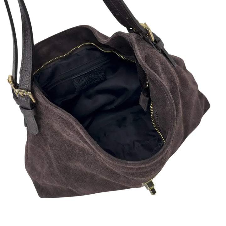 Bassini Borsa Donna in Pelle Scamosciata con Due Manici, Tracolla Intercambiabile e Girello Oro Cioccolato