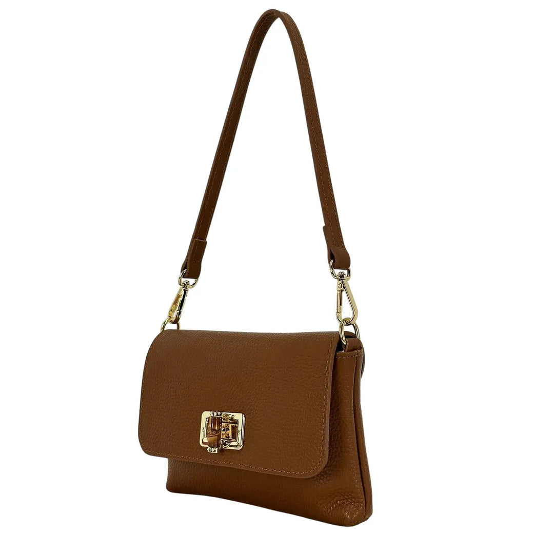 Bassini Borsa Donna Piccola in Pelle Marrone con Tracolla Rimovibile e Chiusura Girello Bambù