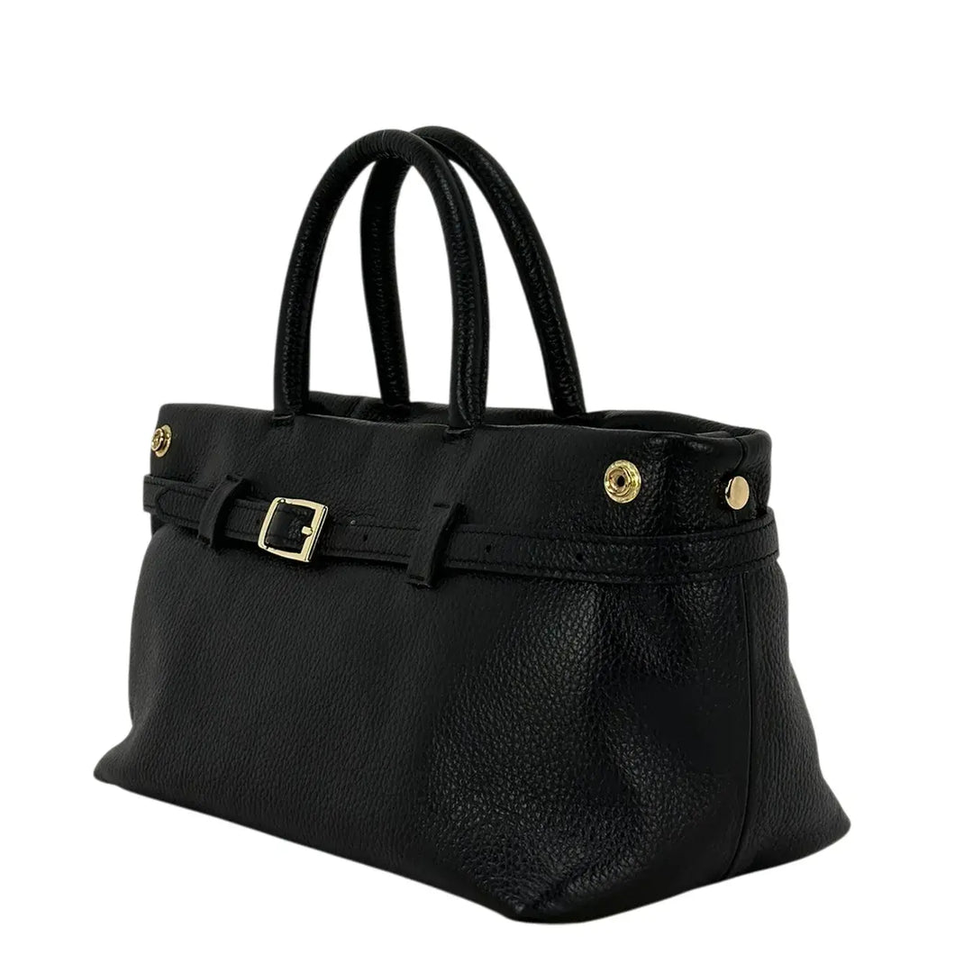 Bassini Borsa Donna in Pelle Nera con Manici Tracolla Rimovibile e Dettaglio Fibbia Oro