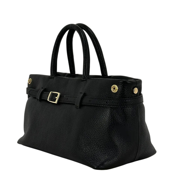 Bassini Borsa Donna in Pelle Nera con Manici Tracolla Rimovibile e Dettaglio Fibbia Oro