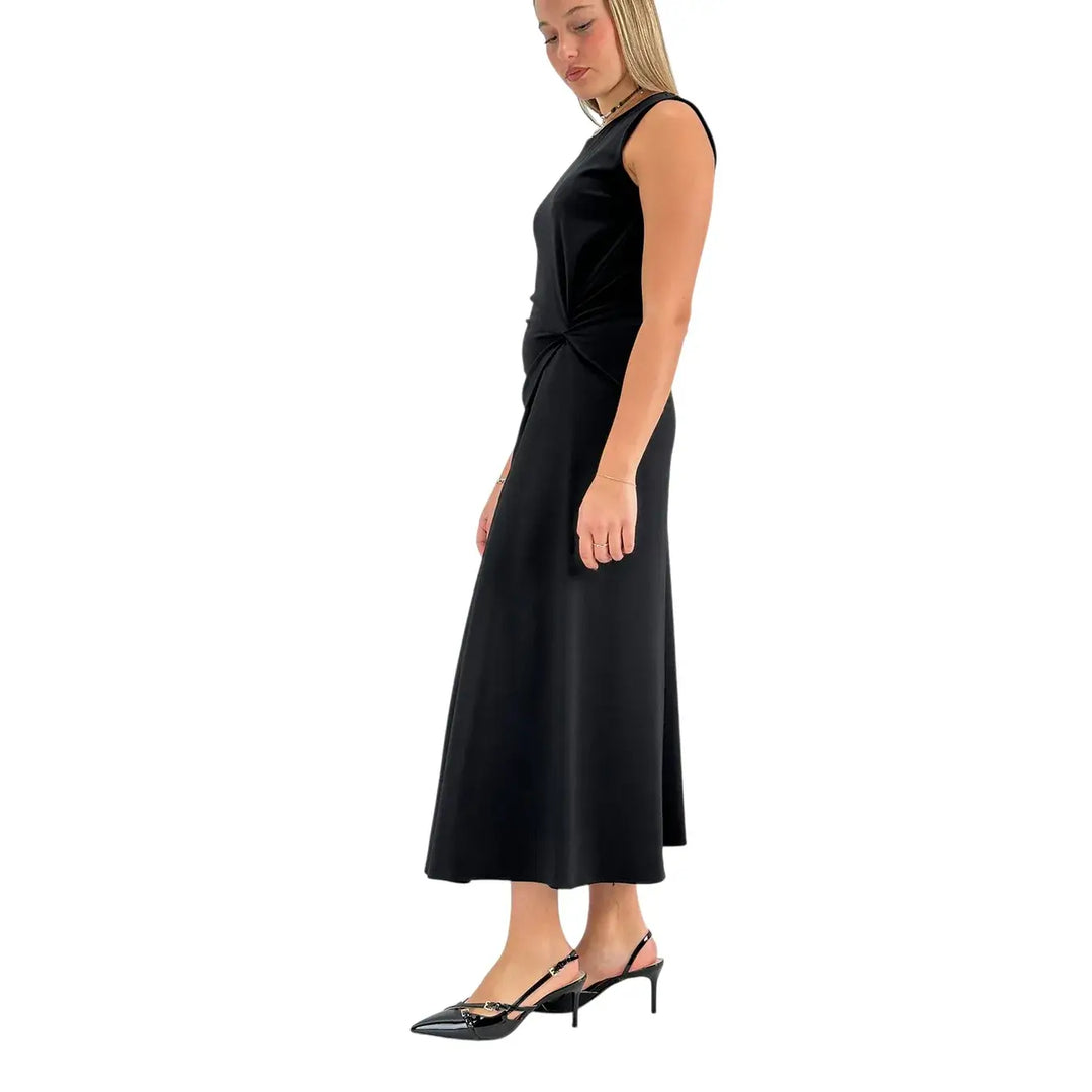 Bassini Abito Donna Nero Lungo Smanicato con Drappeggio Laterale e Scollo Giro