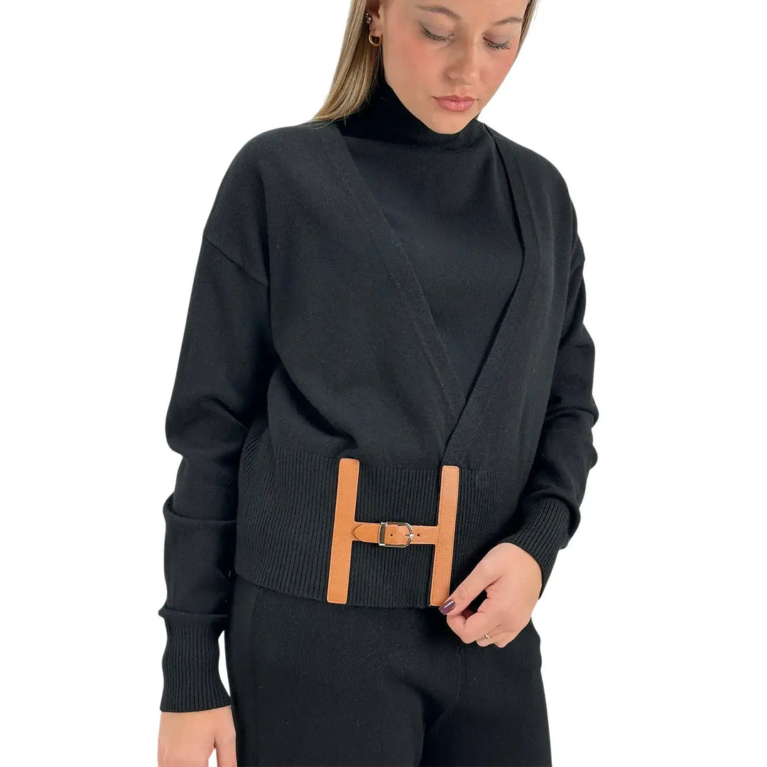 Bassini Coordinato Donna Tre Pezzi Nero in Maglia con Pantaloni e Maglia Smanicata a Lupetto