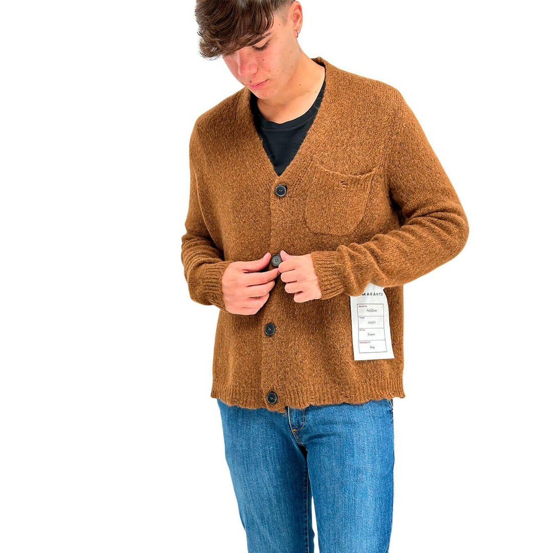 Amaránto Maglia Cardigan Uomo, Collo a V, Basic, Misto Lana, Marrone