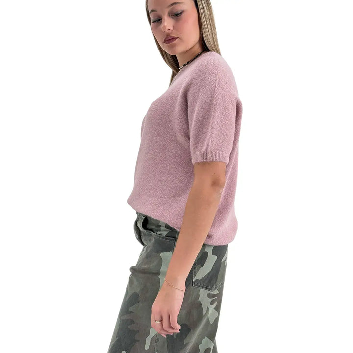 Bassini Maglia Donna Rosa Girocollo Oversize con Maniche Corte Raglan e Orlo a Costine