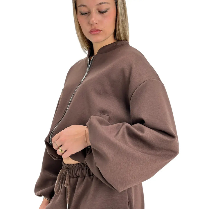Bassini Giacchetto Donna Cioccolato in Felpa con Zip, Maniche a Sbuffo e Tasche Laterali