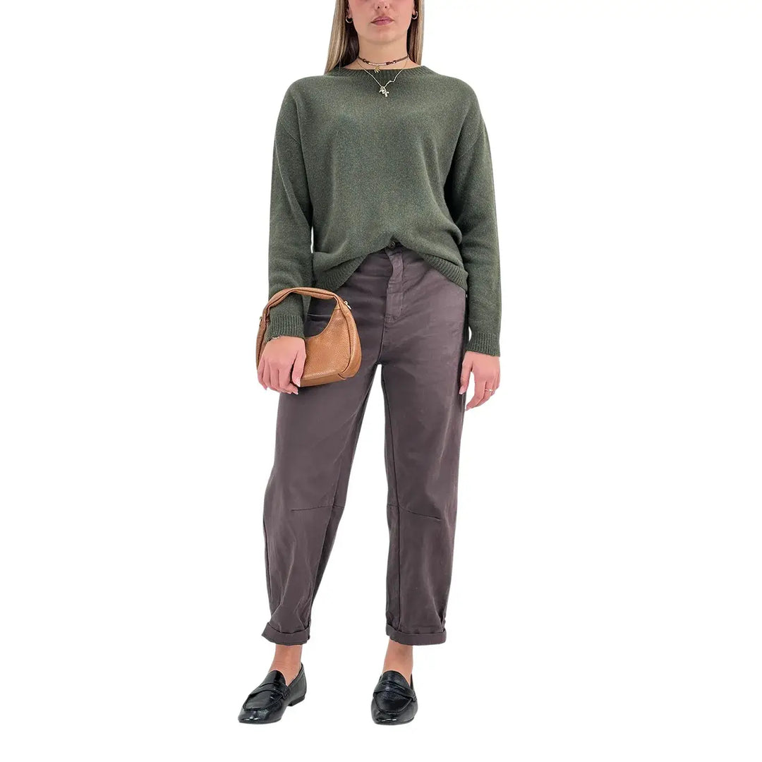 Bassini Pantaloni Donna Cioccolato Cropped Baggy con Risvolto e Chiusura con Zip