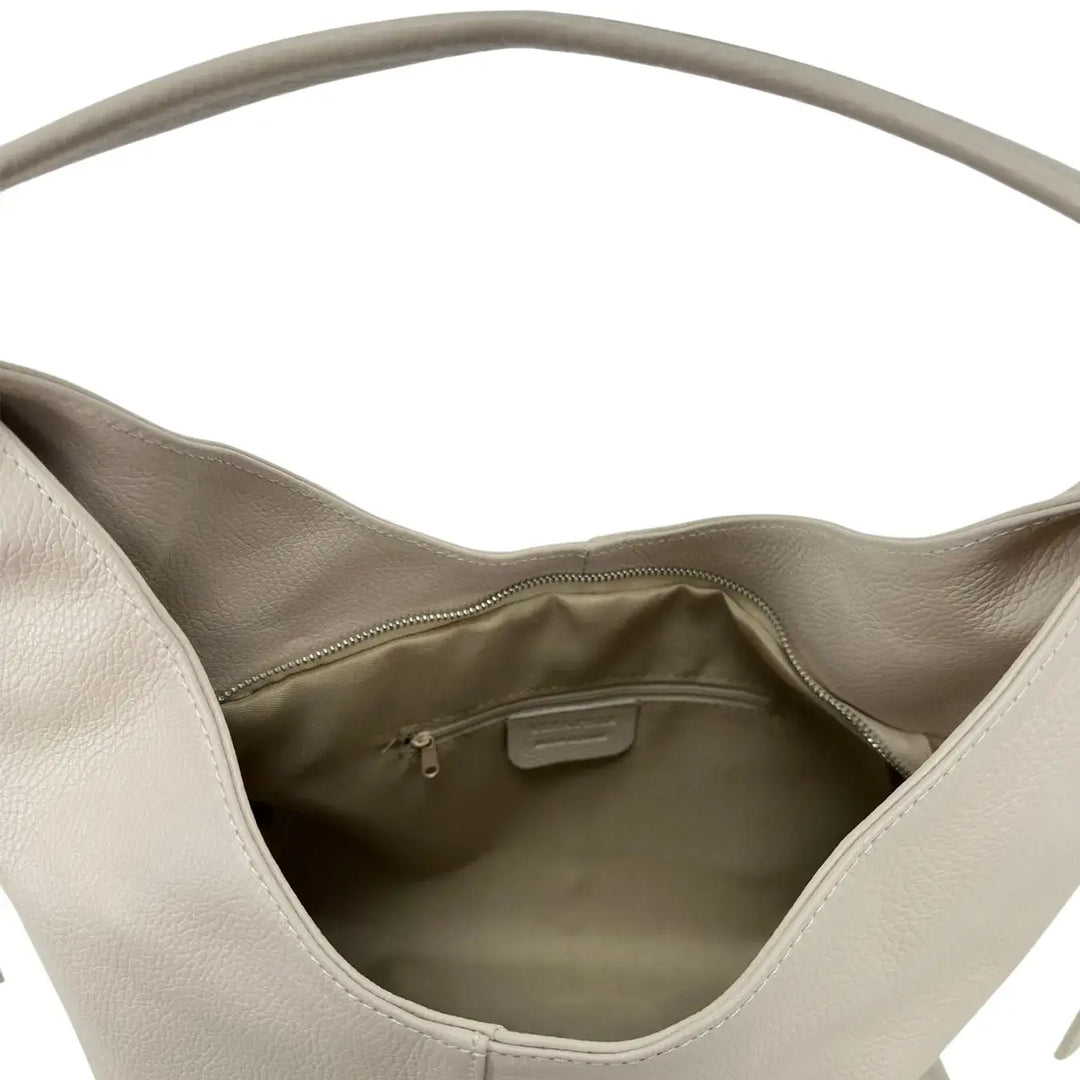Bassini Borsa Donna Sacca in Pelle Avorio con Spallaccio e Chiusura Zip con Tasche Interne