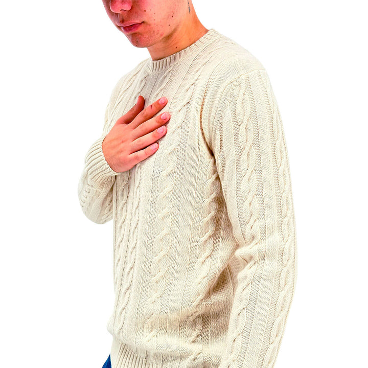 Refabrics Men's Sweater, Crewneck, Cables, Cashmere, Ivory