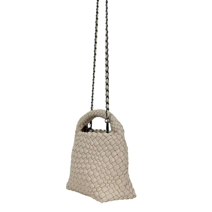 Bassini Borsa Donna Mini Sacca in Ecopelle Intrecciata Beige con Tracolla Catena Rimovibile