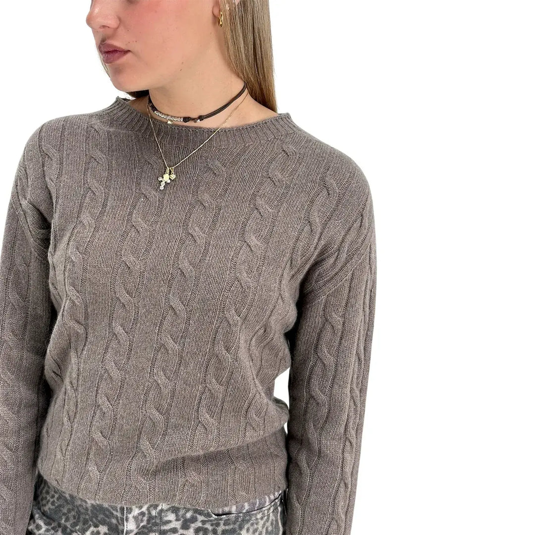 Bassini Maglia Donna Marrone Naturale a Treccia Girocollo con Maniche Raglan Oversize