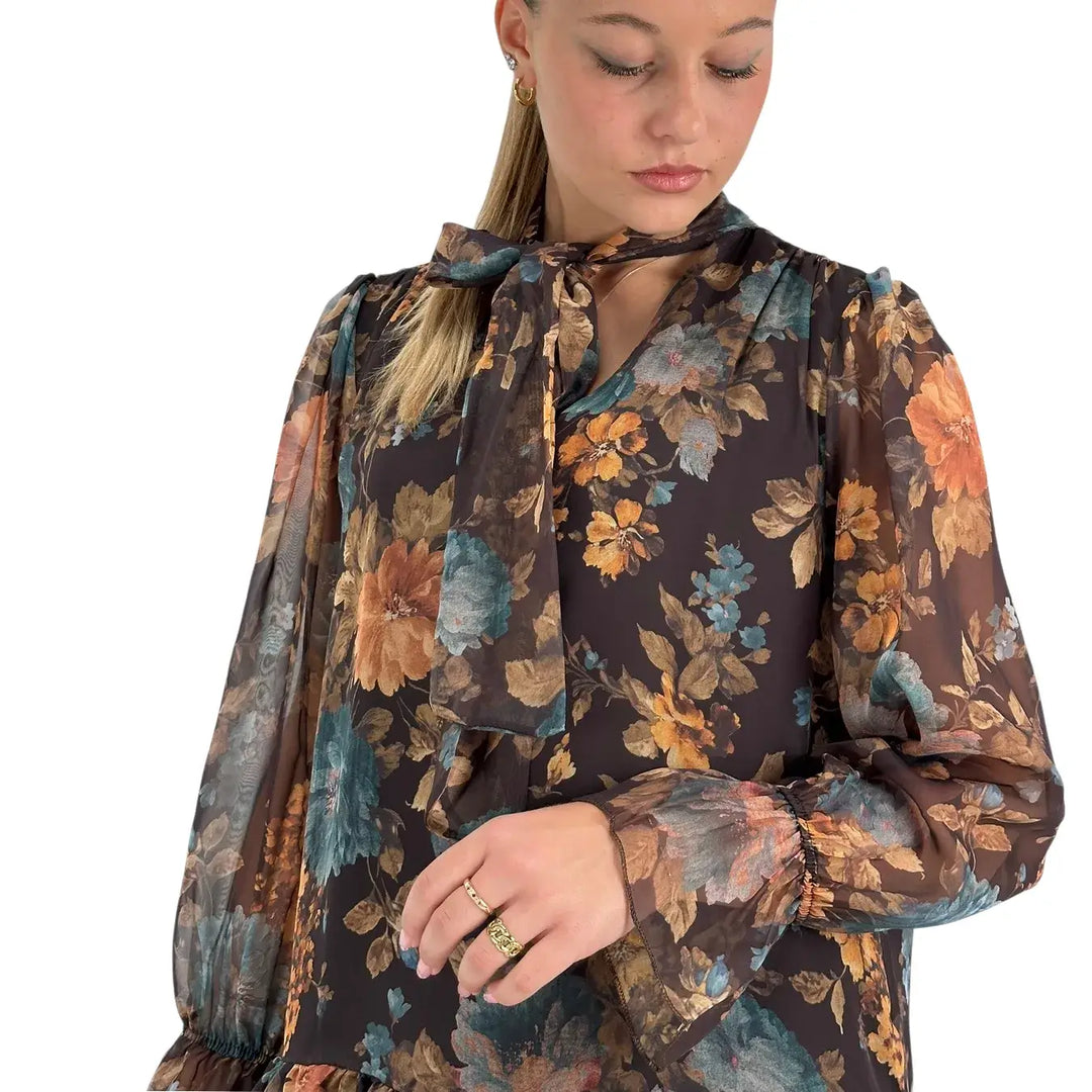 Bassini Abito Donna Corto Nero con Fantasia Floreale, Collo con Fiocco e Maniche Lunghe