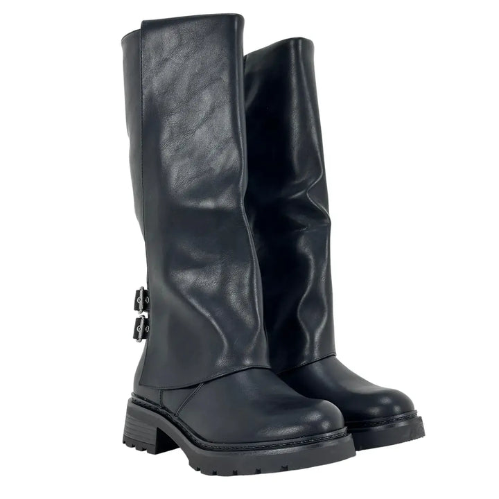 Bassini Stivale Donna Nero Biker in Ecopelle Effetto Used con Doppia Fibbetta e Tacco 4 cm
