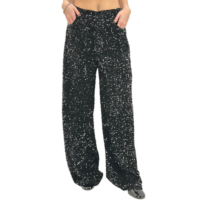 Motel Pantaloni Donna, Full Paillettes e Lurex, Svasato, Nero