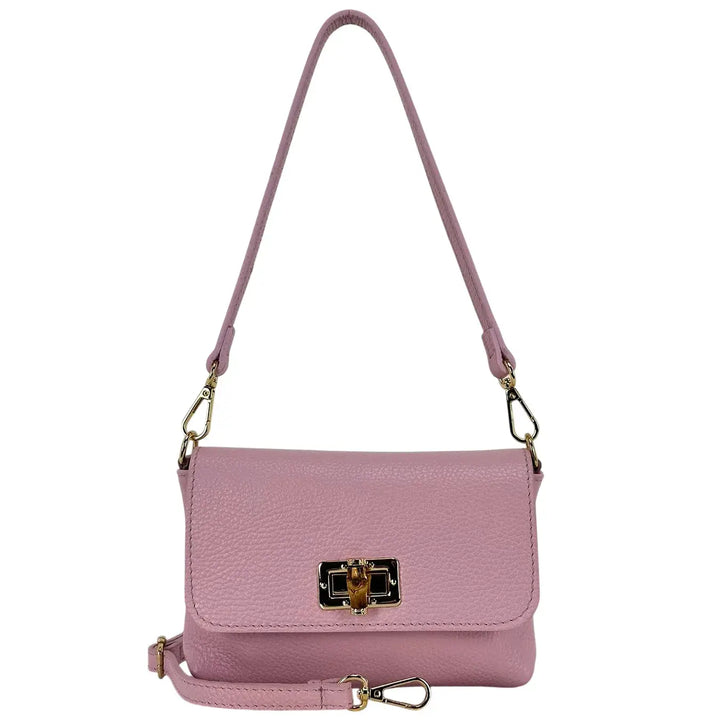 Bassini Borsa Donna Piccola in Pelle Rosa con Tracolla Rimovibile e Chiusura Girello Bambù