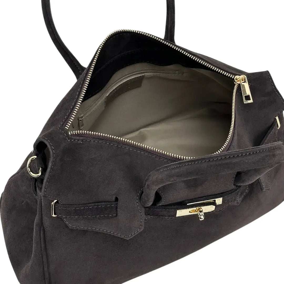 Bassini Borsa Donna in Pelle Scamosciata Cioccolato con Doppi Manici, Tracolla Rimovibile e Chiusura con Zip