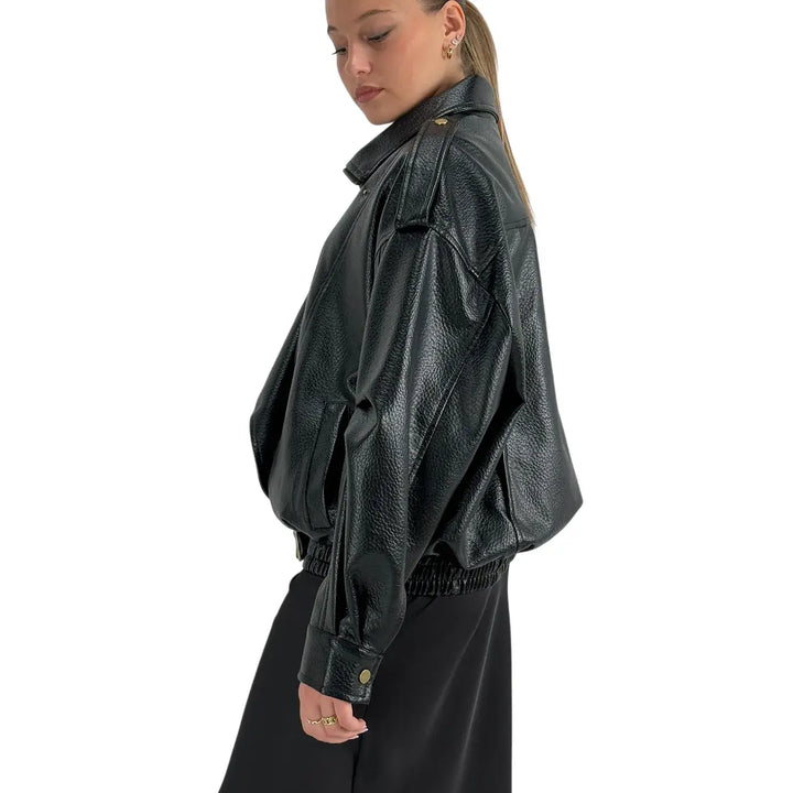 Bassini Bomber Donna Nero Oversize in Ecopelle Effetto Dollaro con Zip e Cintura in Vita