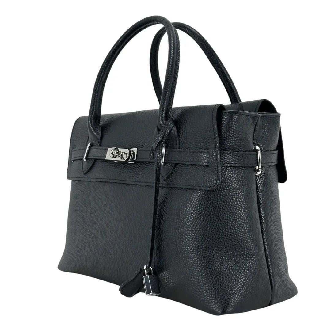 Bassini Borsa Donna in Pelle Nera con Doppi Manici, Tracolla Rimovibile e Chiusura con Zip