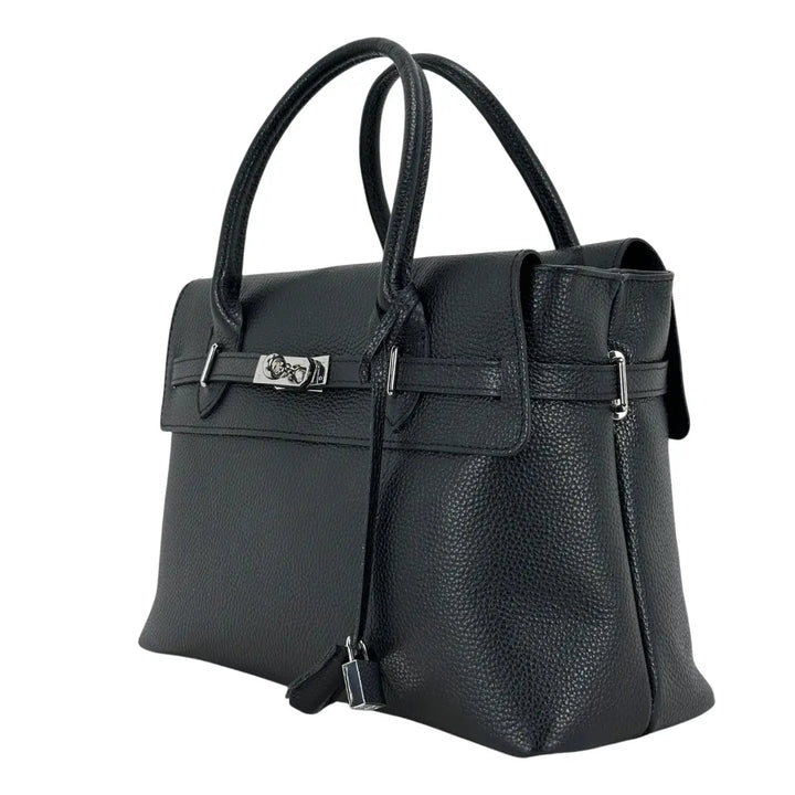 Bassini Borsa Donna in Pelle Nera con Doppi Manici, Tracolla Rimovibile e Chiusura con Zip