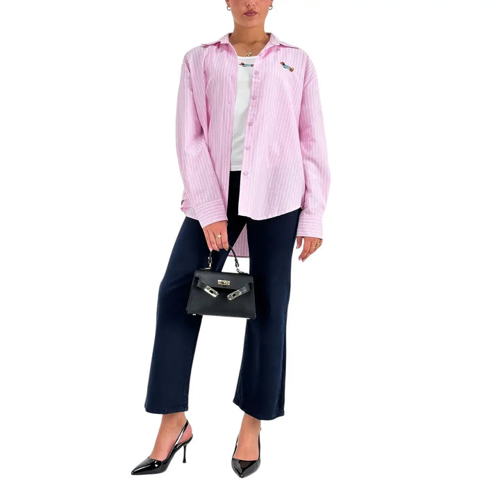 Bassini Camicia Donna Rosa Gessata Oversize con Bassotto Ricamato e Canotta Bianca Inclusa