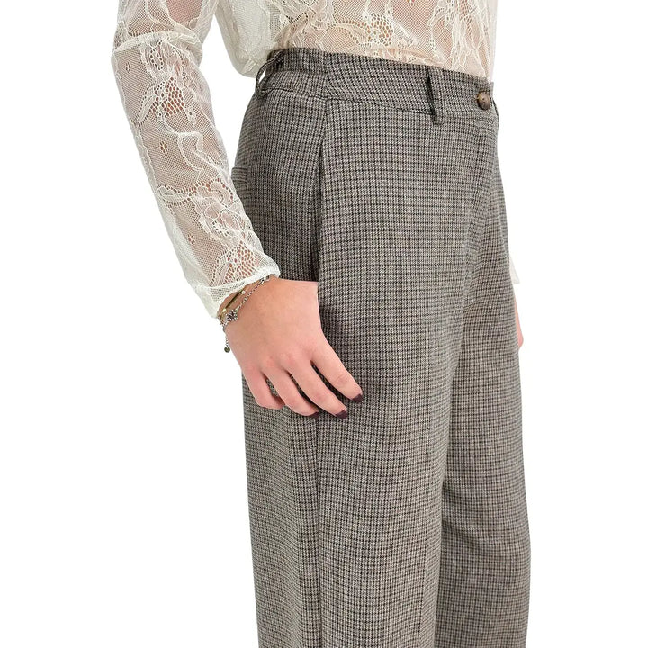 Bassini Pantaloni Donna Marroni Palazzo Principe di Galles con Elastico in Vita e Tasche a Filo