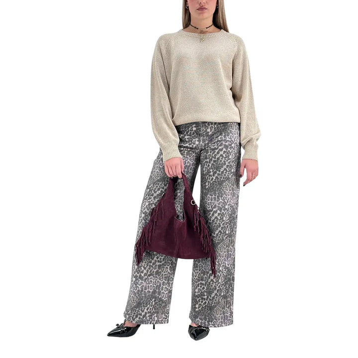 Bassini Maglia Donna Cammello Girocollo Oversize con Maniche Raglan e Orlo a Costine