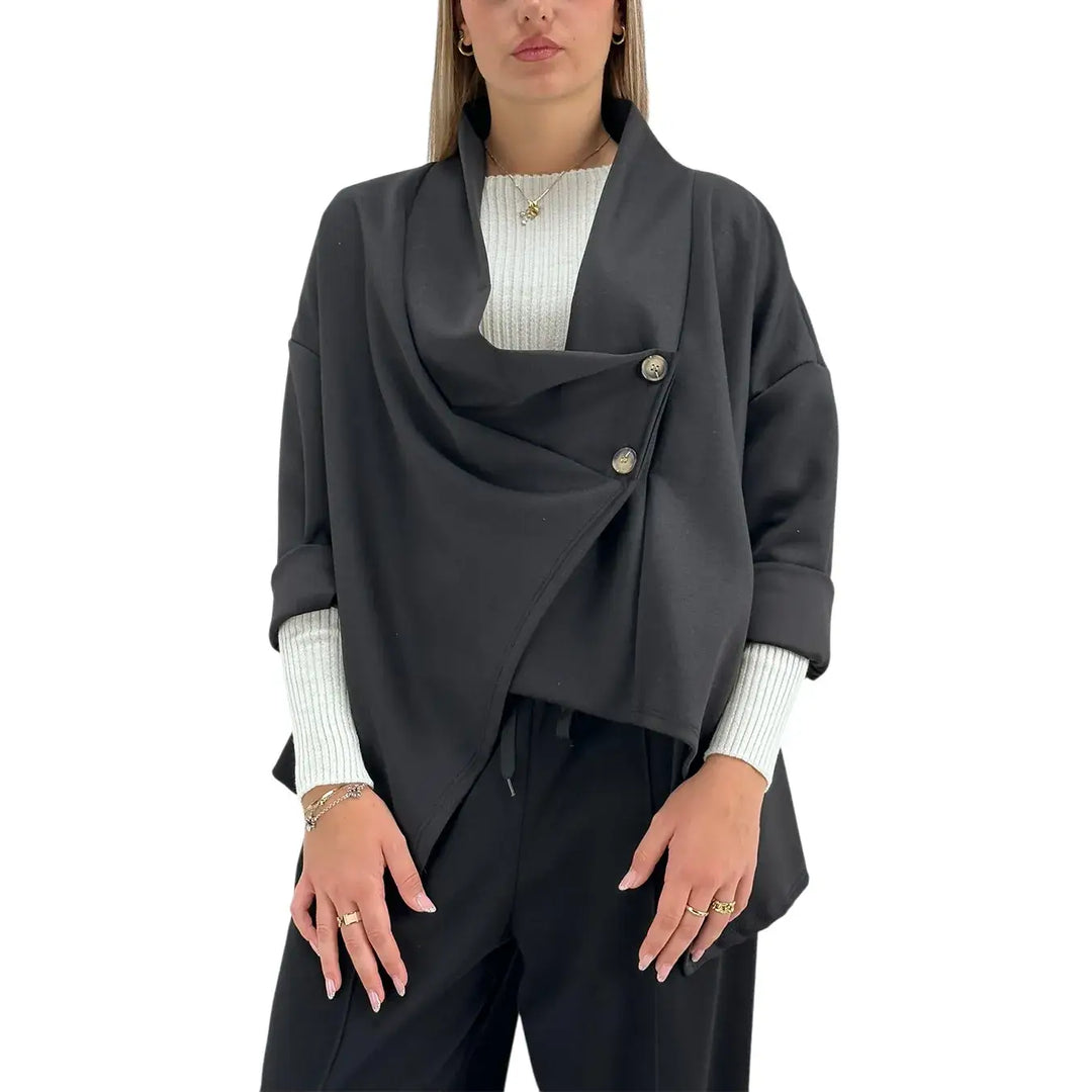 Bassini Giacca Donna Nera in Felpa Over Asimmetrica a Due Bottoni con Maniche Raglan