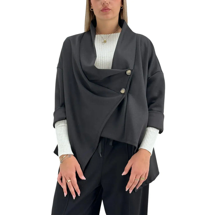 Bassini Giacca Donna Nera in Felpa Over Asimmetrica a Due Bottoni con Maniche Raglan