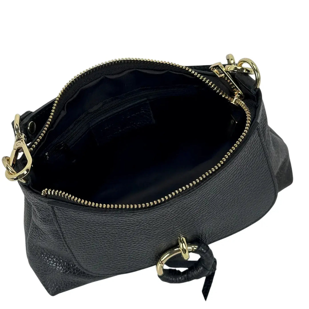 Bassini Borsa Donna Piccola in Pelle Nera con Doppia Tracolla e Accessorio Metallico