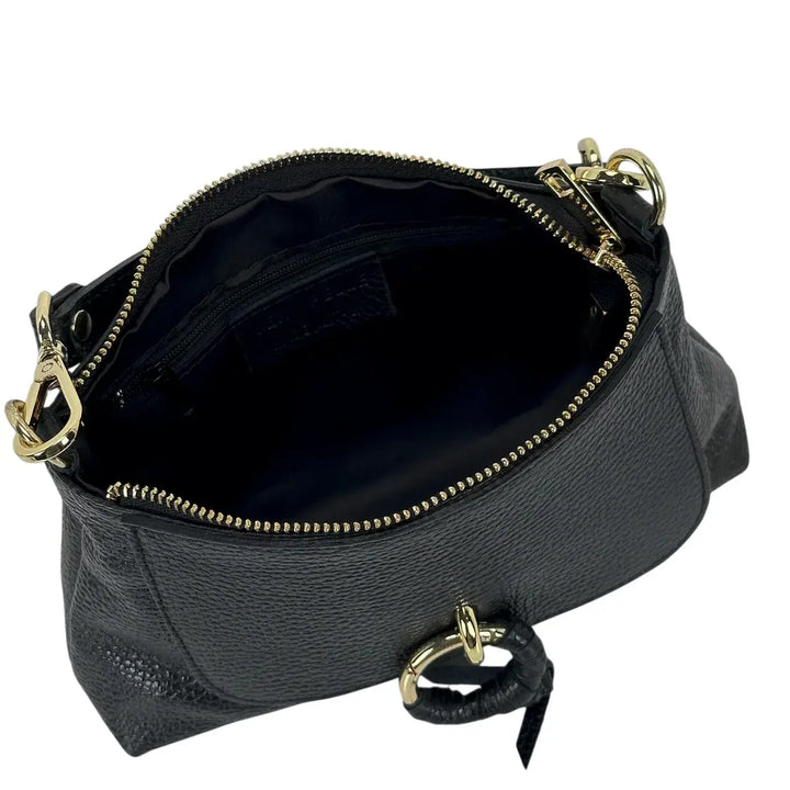 Bassini Borsa Donna Piccola in Pelle Nera con Doppia Tracolla e Accessorio Metallico