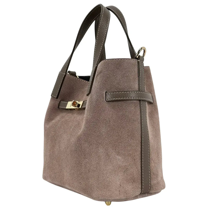 Bassini Borsa Donna Secchiello in Pelle Scamosciata Taupe con Doppi Manici e Tracolla Rimovibile