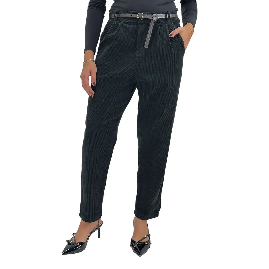 Bassini Pantaloni Donna Neri in Velluto Balloon con Doppia Pince, Elastico in Vita e Cintura