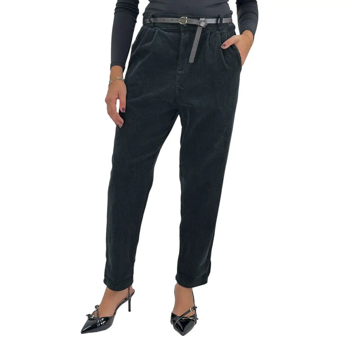 Bassini Pantaloni Donna Neri in Velluto Balloon con Doppia Pince, Elastico in Vita e Cintura