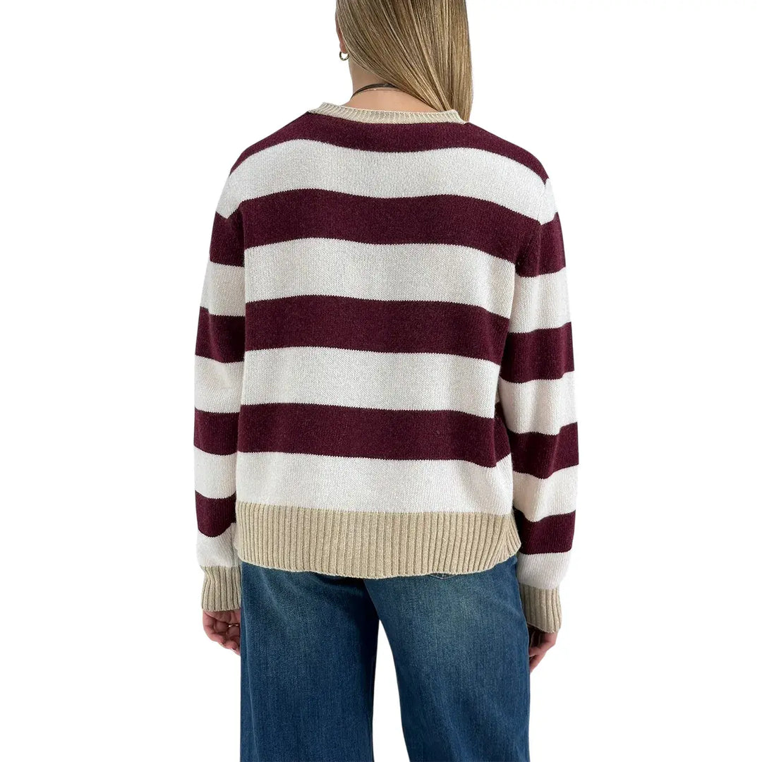 Bassini Cardigan Donna Borgogna e Cipria a Righe con Cinque Bottoni e Coste Cammello