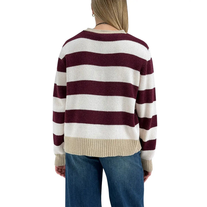 Bassini Cardigan Donna Borgogna e Cipria a Righe con Cinque Bottoni e Coste Cammello