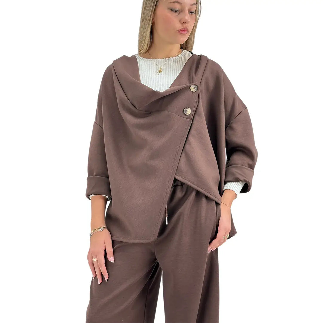 Bassini Giacca Donna Cioccolato in Felpa Over Asimmetrica a Due Bottoni con Maniche Raglan