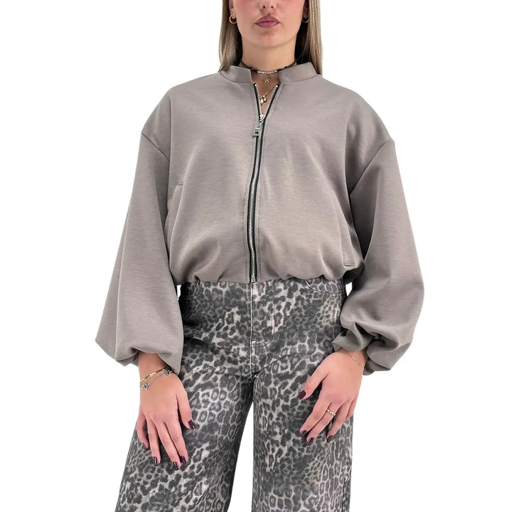 Bassini Giacchetto Donna Grigio Perla in Felpa Over con Zip e Tasche Laterali