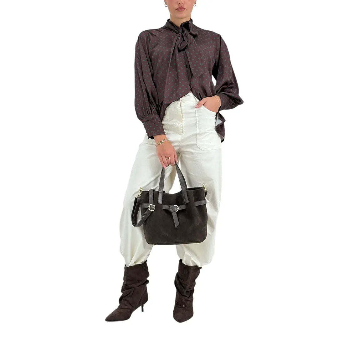 Bassini Pantaloni Donna Palazzo Avorio Oversize in Tessuto Elasticizzato con Tasche a Toppa