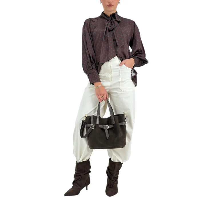 Bassini Pantaloni Donna Palazzo Avorio Oversize in Tessuto Elasticizzato con Tasche a Toppa