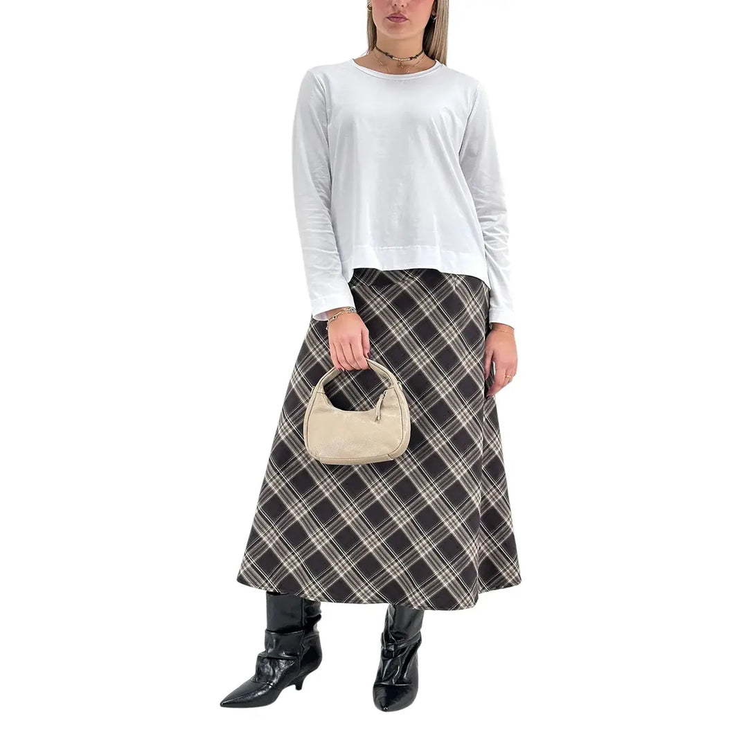 Bassini Gonna Donna Nero e Marrone a Ruota in Tessuto Tartan