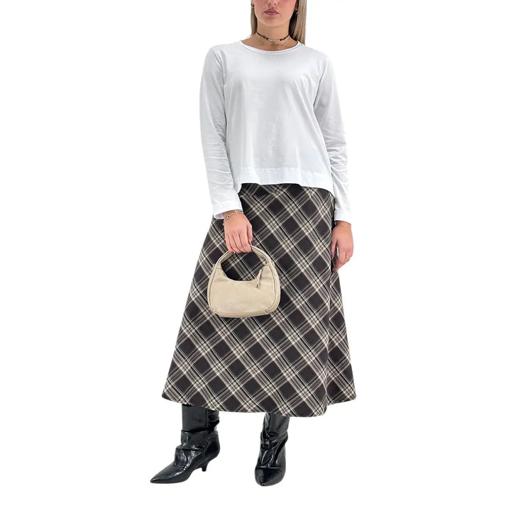 Bassini Gonna Donna Nero e Marrone a Ruota in Tessuto Tartan