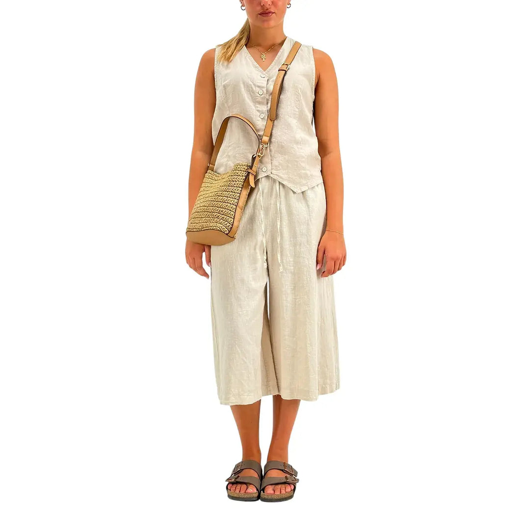 Bassini Bermuda Donna Beige in Lino e Cotone con Elastico e Coulisse in Vita