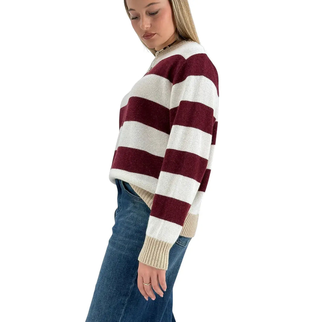Bassini Maglia Donna Borgogna a Righe Cipria Girocollo con Coste Cammello e Vestibilità Regolare