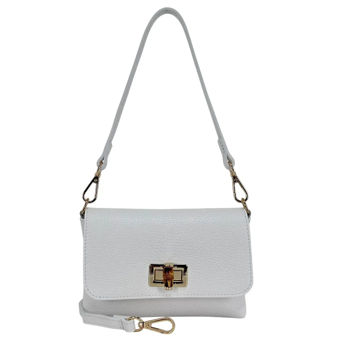 Bassini Borsa Donna Mini in Pelle Bianca con Pattina Girello Bambù e Tracolle Rimovibili